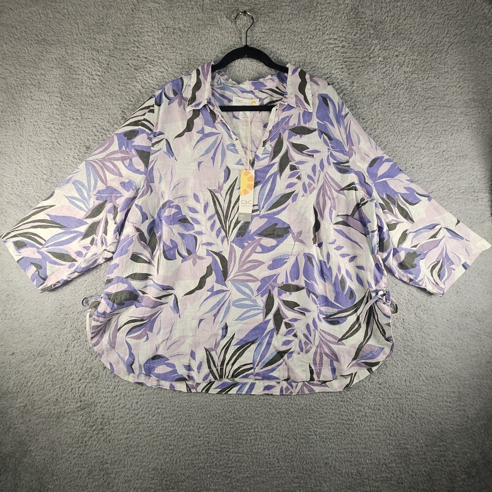 C&C California‎ Tunic Top 2X Floral 100% Linen Quarter Sleeve Hawaiian Tropical